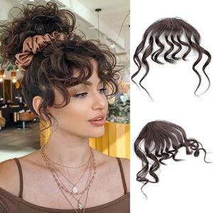 VAVANGA Curly Bangs Human Hair, Air Bangs Clip on Human Hair Clip Ins Long French Bangs Extension, Dark Brown Natural Wavy Fake Fringe Wispy Bang with Temples Hairpiece for Women