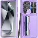 BXYJY for Samsung Galaxy S24 Ultra Case with Card Holder (4-5 Cards) & Kickstand & Slide Camera Cover, Military Grade Protection, Women Rugged Silicone Wallet Case for Galaxy S24 Ultra 2024, Purple