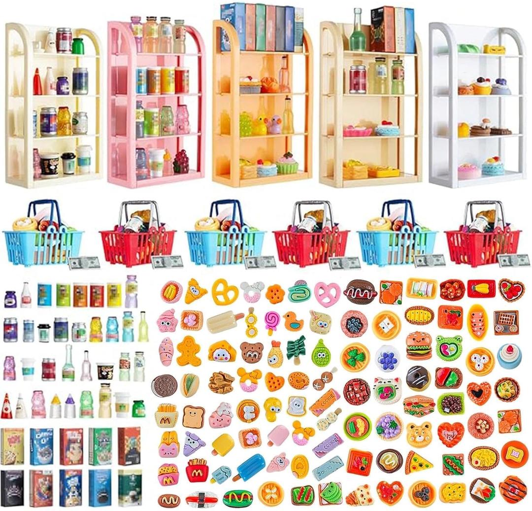 164pcs Miniature Supermarket Shelves Furniture Model 4 Layers Shelf Display Rack Doll House Accessory Storage Bookshelf Accessories Mini Locker Decor Food Drink Bottle Toy Cosplay Game Party