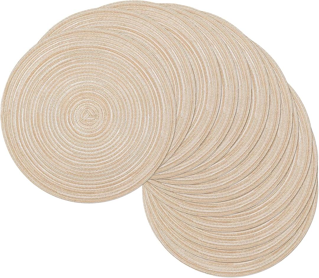 SHACOS 15 inch Beige Round Placemats Set of 12 for Dining Table Woven Braided Circle Place Mats Kitchen Placemat Washable Table Mats
