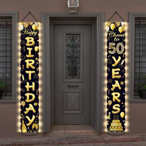 50th Birthday Party Banner Lighted Decorations for Women Men 50 Year Old Lighted Door Banners Black Gold Cheers to 50 Years Birthday Party Supplies Porch Sign with LED Light for Outside Light Decor