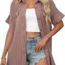 Womens Ribbed Button Down Shirts Casual Dressy Short Sleeve Loose Summer Blouses Top, L