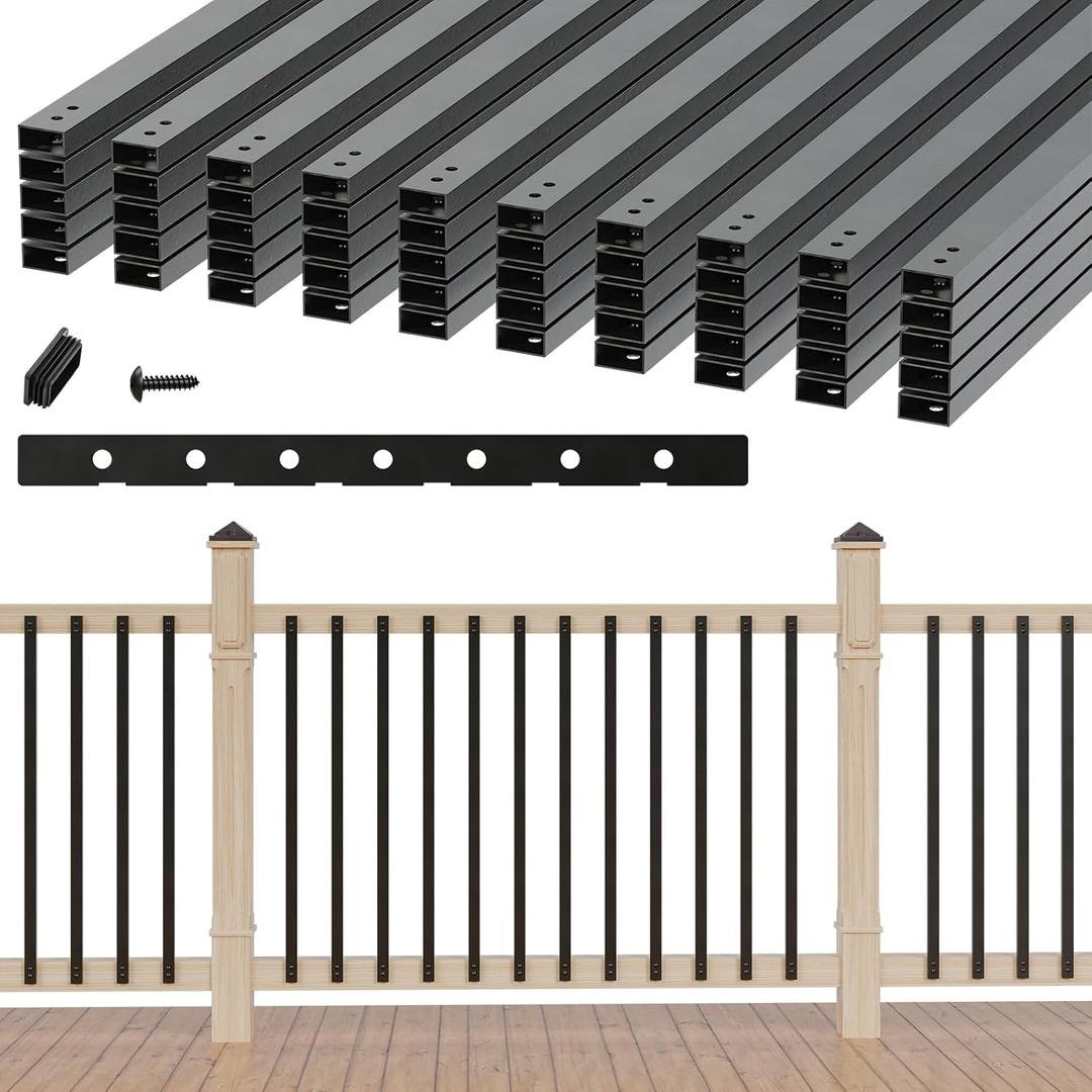 50 Pack 32.25" Hollow Aluminum Deck Balusters with Screws, Metal Balusters for Deck Railing Rectangular Spindles for Outdoor Porch Balusters, Matte Black, Includes Installation Spacing Guide