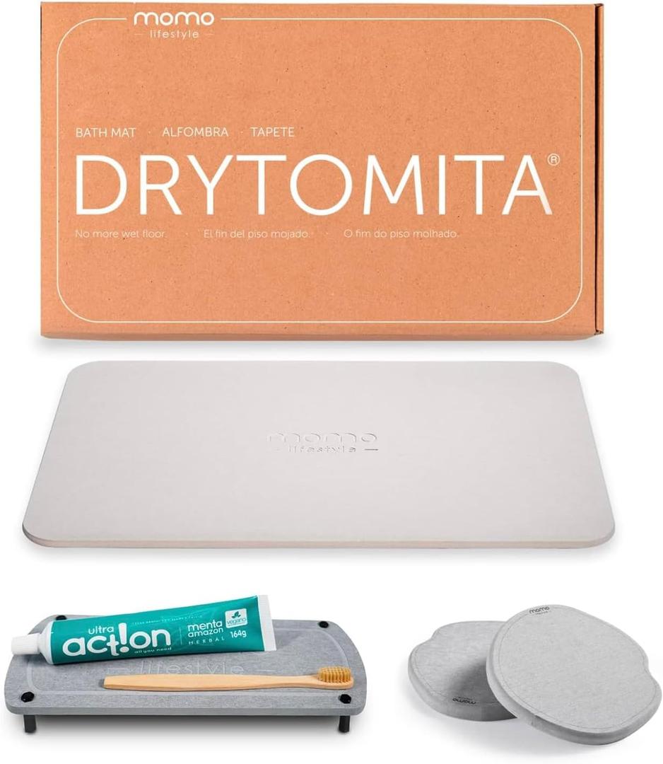 Momo Lifestyle Stone Bath Mat 23.6" X 15.4" Linen Grey + Stone Sink Caddy + 2 Pack Stone Coasters