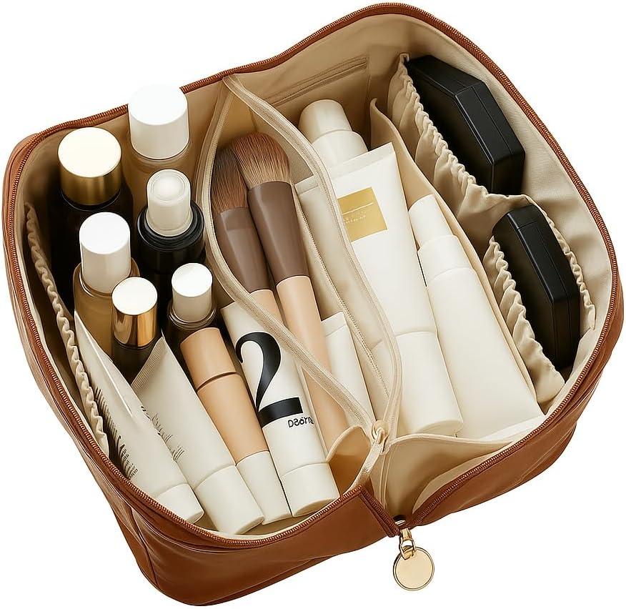 BLVSH & Co. Large Waterproof Makeup Organizer - Professional Travel Cosmetic Bag with Dividers, Premium Toiletry Case, Flat Opening Design