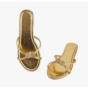 GORGLITTER Women's Strappy Flat Sandals Open Toe Metallic Summer Trendy 2025 Dressy Slides, 8.5