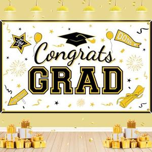 Gold White Graduation Banner Decorations White Gold Black Congrats Grad Banner 2024 White Gold Graduation Party Decorations Class of 2024 Graduation Banner for Graduation Party Supplies 70.8x43.3 in