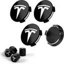 4 PCS Car Wheel Center Cap for Tesla Model Y & Model 3, Car Hubcaps with Logo Emblem and 4 Valve Stem Caps, 2.2 in ABS Wheel Rim Cover Accessories for Tesla 18"/19" Wheel, Black & Silver