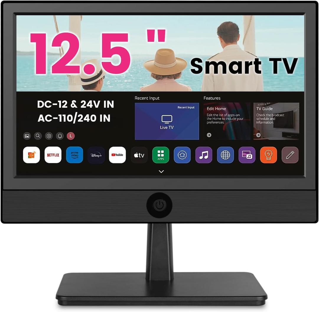 12.5 Inch Small Smart TV with Built-in Apps, Full HD 1080P Mini Flat Screen TV, WiFi & Bluetooth, ATSC Digital Tuner, USB/HDMI/AV Inputs,12V Car Charger Small TV for Kitchen,Bedroom,RV,Office