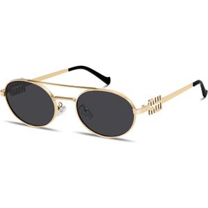 Retro Oval 90s Metal Sunglasses for Women, 2025 Trendy Chic Narrow Gold Sun Glasses Fashion Sunnies (Gold Frame - Black Lens)