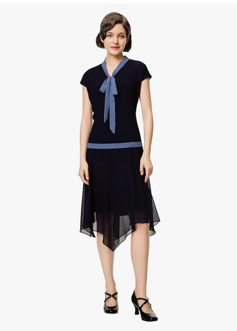 BABEYOND Gatsby Dress for Women - Chiffon Flapper Dress Low-Waist 1920s Roaring 20s Great Gatsby Party, Size 10, Navy Blue