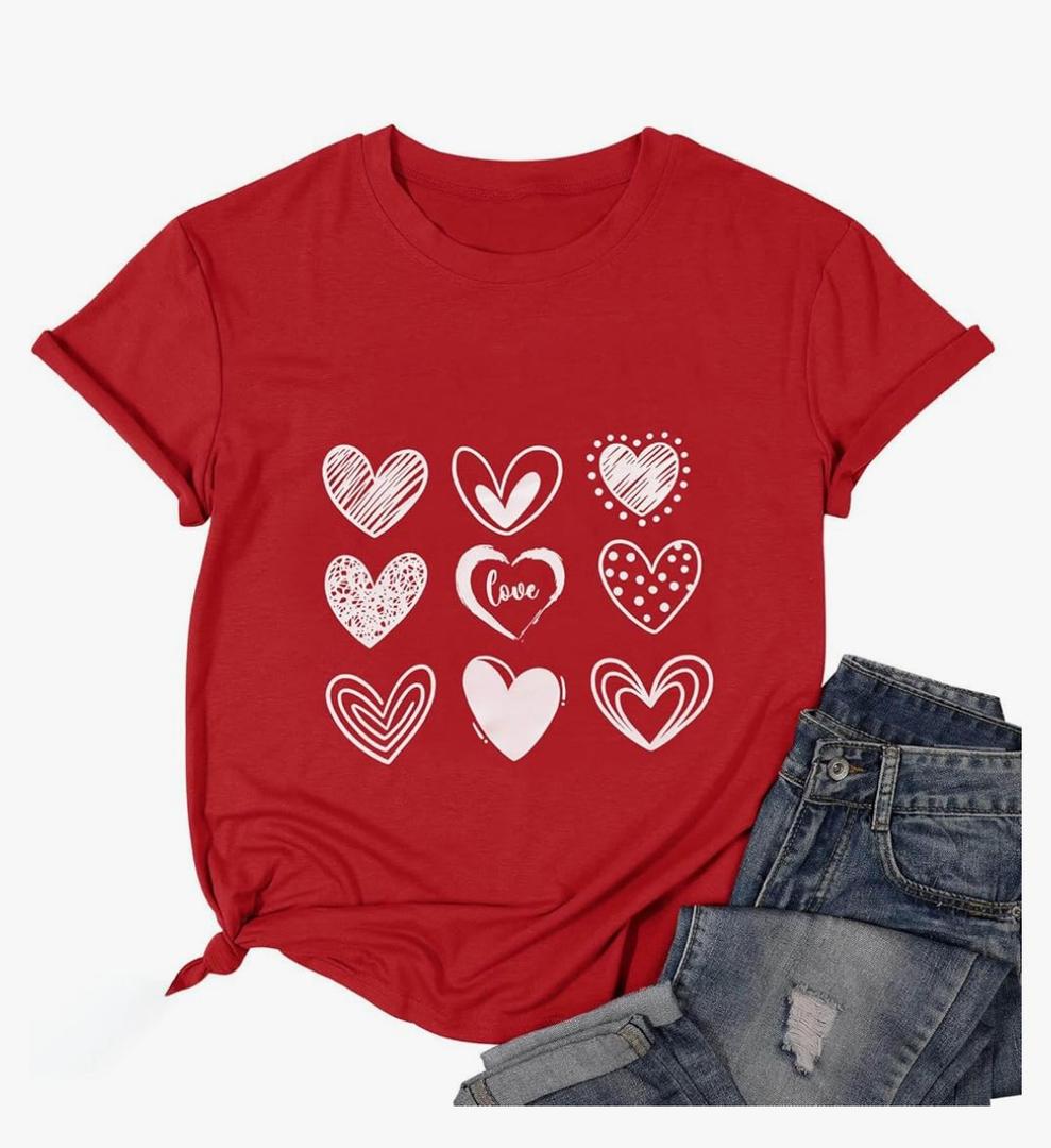 Valentines Shirt for Women Cute Love Heart Tshirts Casual Hearts Graphic Tee Tops for Her, Large