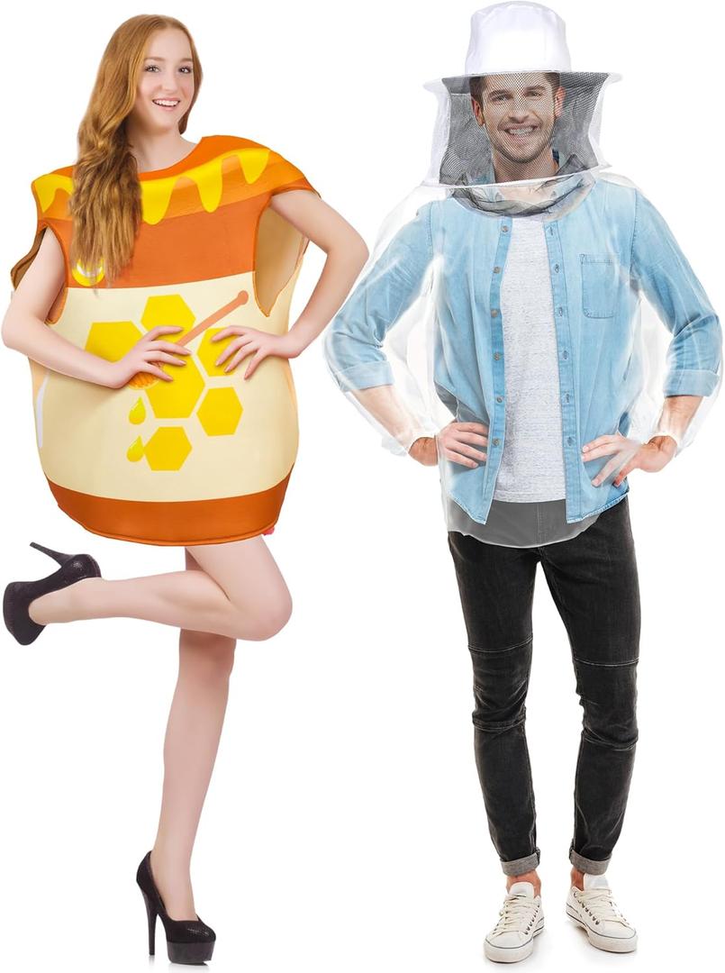 Panitay Jar of Honey Halloween Costume Set Beekeeper Couples Outfits Cosplay Bee Jacket Honey Pot for Bee Ventilated Beekeeping Suit for Women Men Halloween Party Supplies