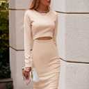 PRETTYGARDEN Women's Long Sleeve Midi Bodycon Dresses Casual Crewneck Cut Out Ribbed Knit Fitted Pencil Dress (Apricot)