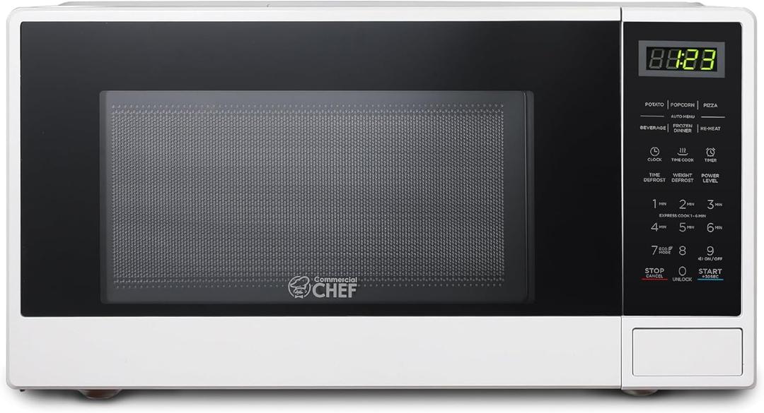Commercial Chef 1.1 Cu. Ft. Countertop Microwave Oven, Touch Controls with Digital LED Display, 1100W Microwave, Push Button Door, 10 Power Levels, CHCM11100W, White
