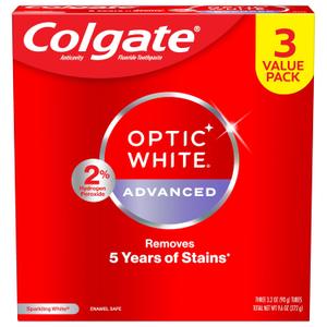 Colgate Optic White Advanced Hydrogen Peroxide Toothpaste, Teeth Whitening Toothpaste Pack, Enamel-Safe Formula, Helps Remove Tea, Coffee, and Wine Stains, Sparkling White, 3 Pack, 3.2 oz Best By: 02/2027