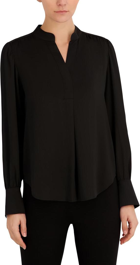 Anne Klein Womens Anne Klein Women's Long Sleeve, Pleat-Front, V-Neck Top (Black, XXL)