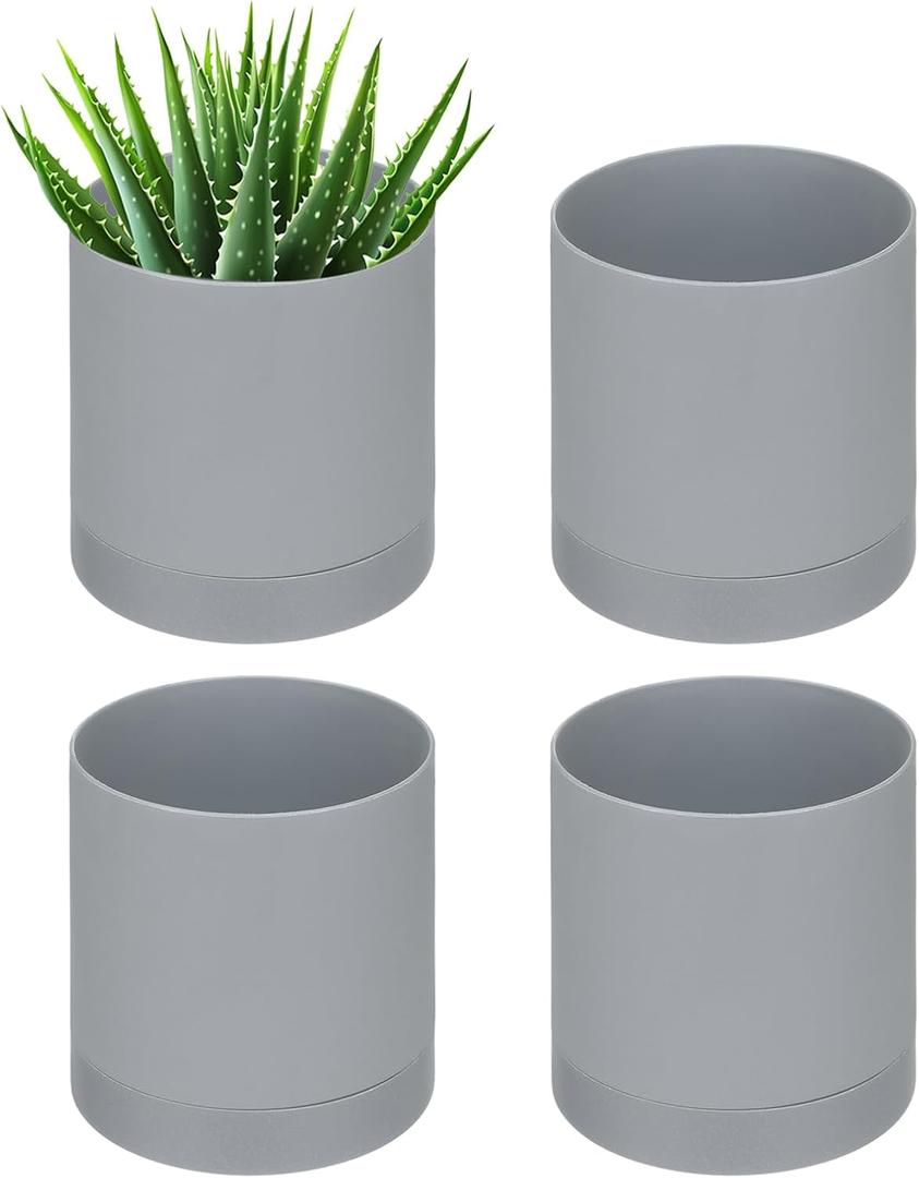 PATIKIL 4 Inch/10cm Plastic Plant Pots, 4 Pack Small Flower Pot Planters with Drainage Holes and Saucer for Home Decor Indoor Plants, Grey (Gray)