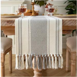 Caflife Boho Table Runner Grey Stripe for Modern Farmhouse Coffee Table Decor, Rustic Woven Runner with Handcrafted Tassels for Home Dining Table dcor 13 x 108 Inch Long