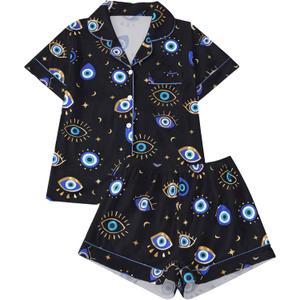 Women's 2 Piece Evil Eyes Print Pajama Sets Sleepwear Short Sleeve Nightwear Soft Pjs Lounge Sets, L