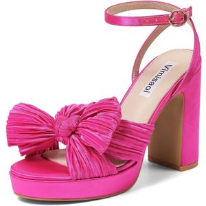 VIMISAOI Women's Bow Knot Platform Heels Open Toe Chunky Heeled Sandals Ankle Strap Comfortable Wedding Party Dress Shoes for Bride (Pink, 6)
