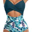 Eomenie Women's One Piece Swimsuits Tummy Control Cutout High Waisted Bathing Suit Wrap Tie Back 1 Piece Swimsuit (Medium, Blue Print 2)