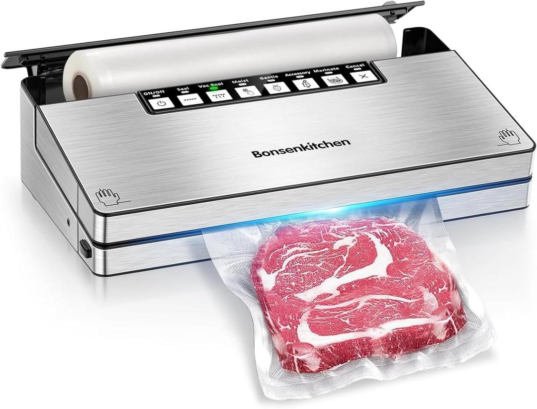 Bonsenkitchen Vacuum Sealer Machine, Sleek stainless steel appliance with 8 - in - 1 system, 6 Food Modes, Built - in cutter, Bag storage, Starter kits, Combining functionality with a stylish