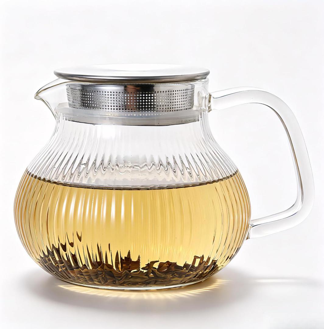 Glass Teapot with Stainless Steel Filter Lid, 20 oz (600 ml) Borosilicate Glass Tea Pot for Loose Leaf Tea Steeper, Tea Kettle for Blooming