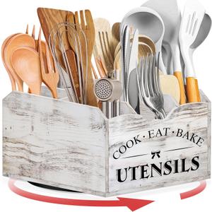[Upgraded] Extra Large Kitchen Utensil Holder for Countertop with 360 Rotating Base, 6 Compartments, Removable Divider, Wooden Utensil Organizer for Countertop, Farmhouse Kitchen Decor