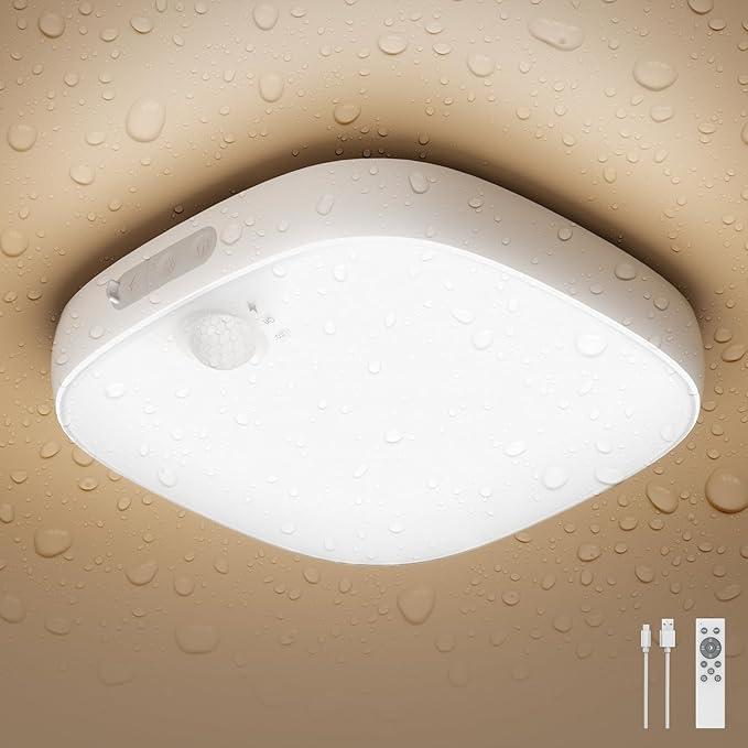 FULEN Shower Lights IP65 Waterproof, Motion Sensor Ceiling Light, Rechargeable Closet Light with 10000mAh Battery, LED Shower Lamp for Bathroom, Cordless Ceiling Lamp with RGB Colors
