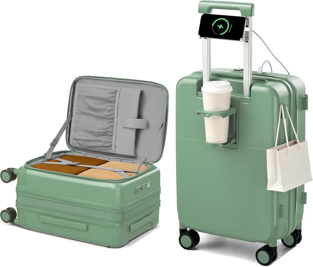 Hanke 20 Inch Expandable Carry On Luggage with Cup Holder 22x14x9 Airline Approved, Top Opening Hard Shell Suitcases with Wheels, Carry-On Travel Suitcase Trunk Luggage with Lock, Forest Green