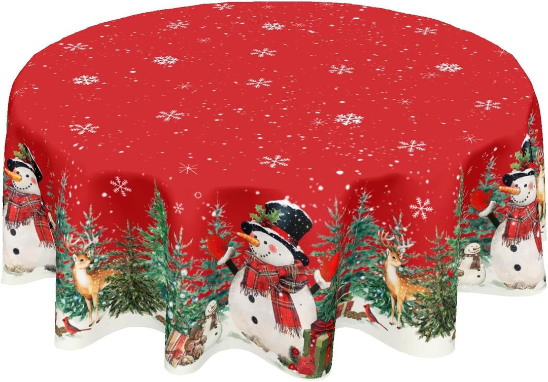 Christmas Tablecloth Round 60 Inch Red Winter Snowman Snowflake Table Cloth Farmhouse Xmas Tree Snow Table Cover for Kitchen Dinner Room Holiday Party Indoor Outdoor Home Christmas Decor