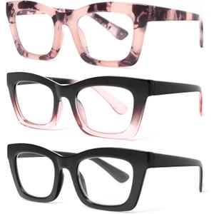 REAVEE Oprah Style Reading Glasses for Women Blue Light Blocking Computer Fashion Readers with Spring Hinge and Glasses pouch （Black/Pink/Tortoise +1.0）