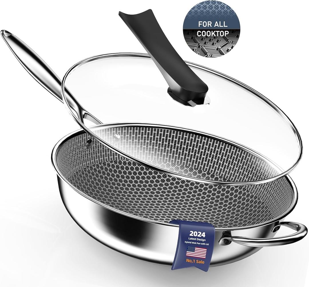 Wok Pan, Hybrid 13-inch Deep Fry Wok with Lid, Nonstick Wok with Stay-Cool Handle, Compatible with All Cooktops Including Induction, Stir Fry Pans Wok with Round Bottom (FN1)