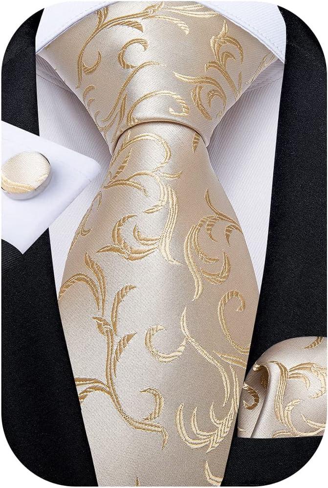 DiBanGu Mens Tie Set Silk Solid Paisley Necktie and Pocket Square Cufflinks Classic Formal Ties for Men Wedding Party (Champagne Floral)