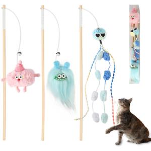 Elastic Cat Wand Toy Funny Interactive Plush Cat Fishing Pole Toy with Bell Soft Natural Wood Kitten Teaser Wand for Indoor Cats Kittens Bored Cats (3 Pack)