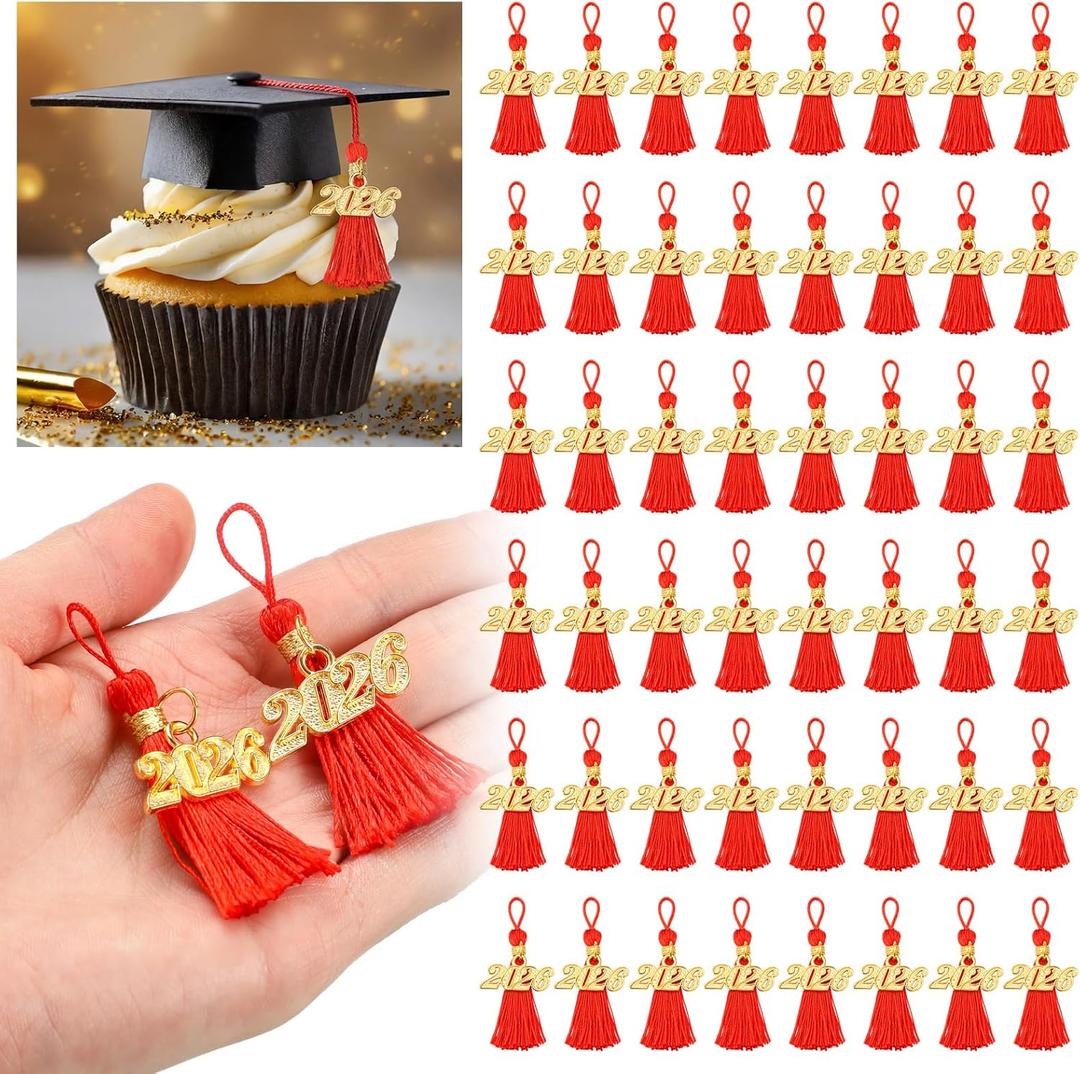 Daifunli 60 Pcs 2026 Mini Graduation Tassels for Craft 2.4inch Tassels Party Favors Mini Bookmark for Graduation Decor, Chocolates Decor, Keychain Making(Red)