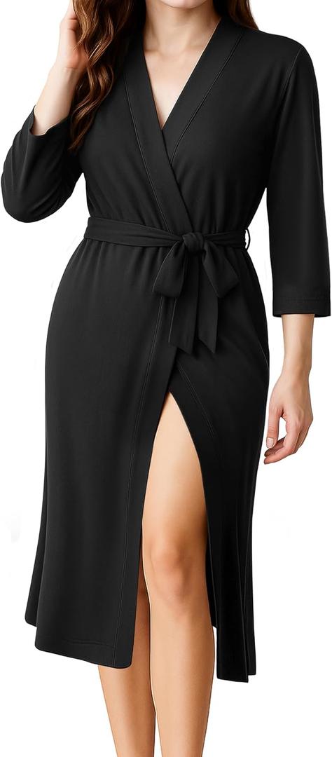 NY Threads Women's Robe Long Knit Bathrobe 3/4 Sleeves Soft Kimono Lightweight Loungewear (Black, L)