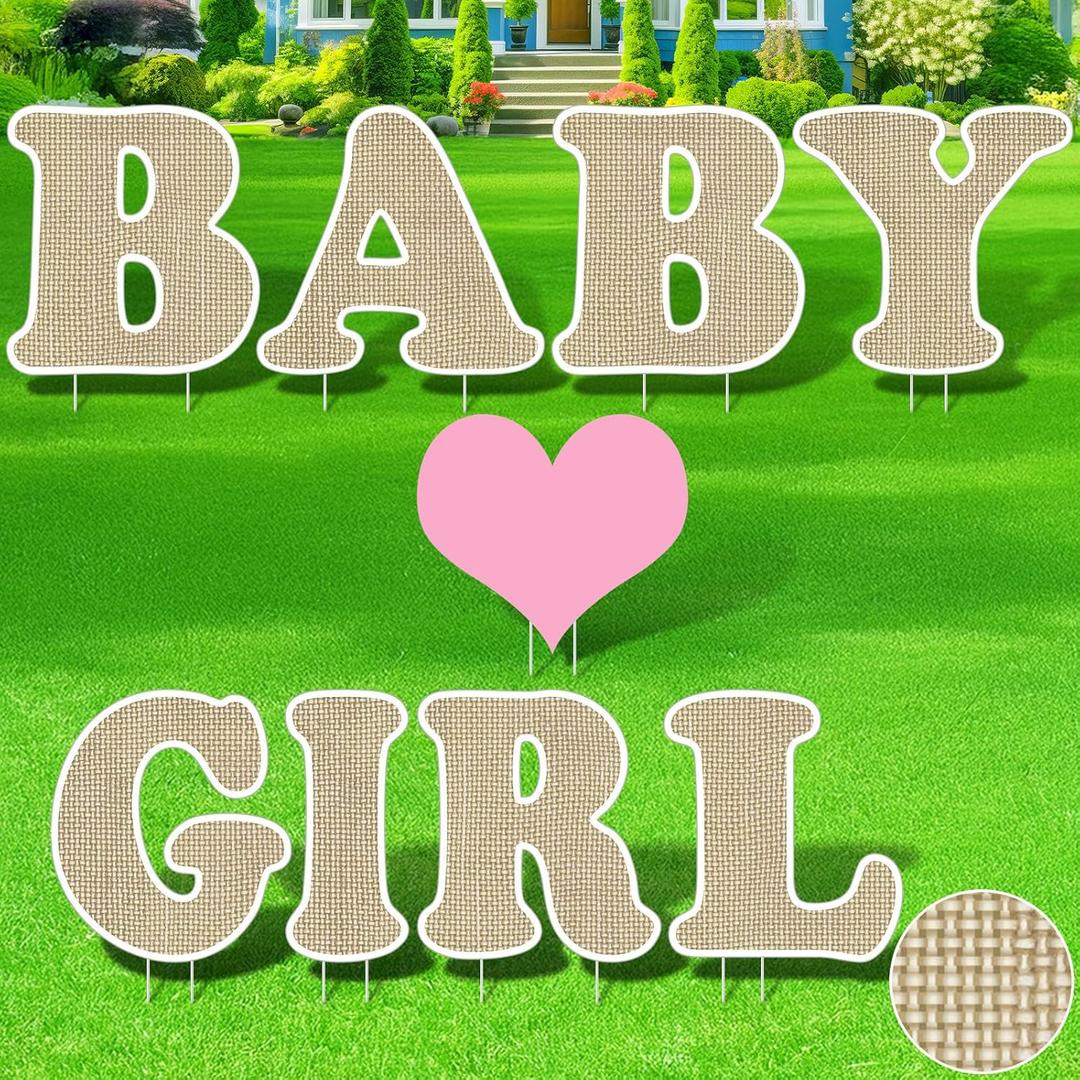 9 Pcs Baby Girl Yard Signs with Stakes Burlap Gender Reveal Yard Sign, 12" Baby Girl Lawn Sign Gender Reveal Outdoor Decoration Welcome Home Newborn Announcement Signs for Party Decorations