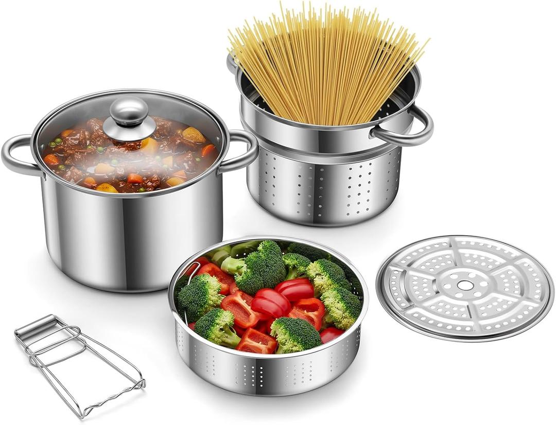 Sawysine Stainless Steel Pasta Pot 6-Piece 10 Quart Cooker Steamer Stock Pot Cookware Set Multipots with Strainer Insert for Home Kitchen