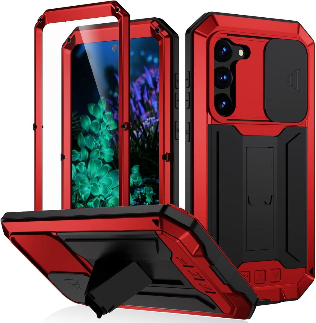 JGY Samsung S23 Plus Rugged Metal Case with Screen Protector Kickstand Camera Slide Cover for Samsung S23 Plus Full Body Military Sturdy Heavy Duty Shockproof Dorp Test Cover for Outdoor (Red)
