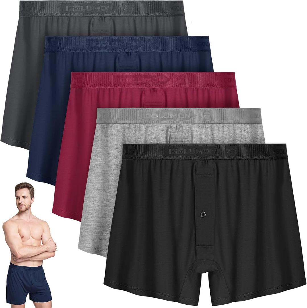 IGOLUMON Mens Underwear Boxer Shorts 5 Pack Bamboo Rayon Boxers for Men Classic Relaxed Fit Boxer Shorts with Button Fly, 3X-Large
