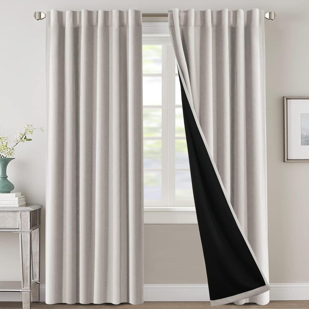 H.VERSAILTEX 100% Blackout Curtains for Bedroom with Black Liner Full Room Darkening Curtains 84 Inch Long Thermal Insulated Back Tab/Rod Pocket Window Drapes for Living Room, 2 Panels, Pumice Stone