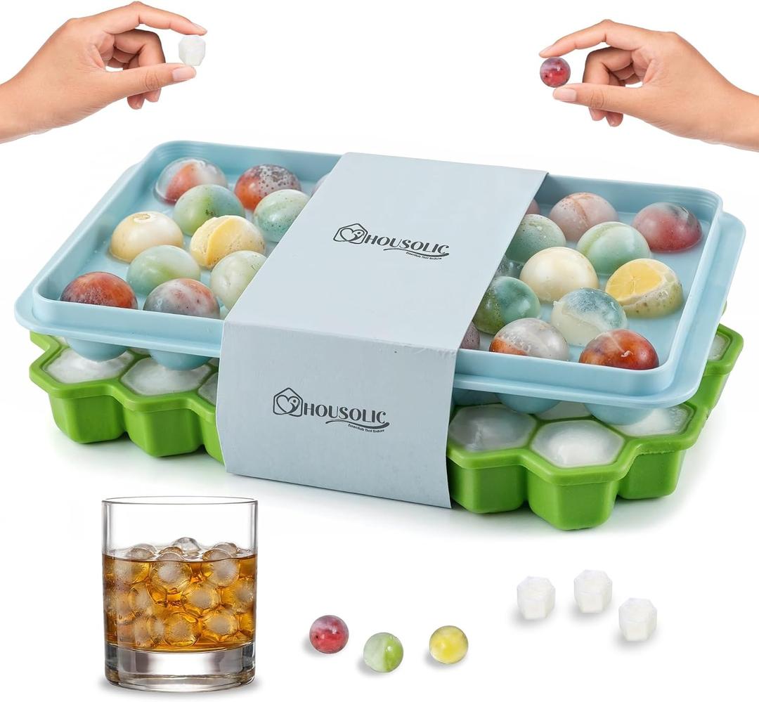 2 x 2 Pack Ice Cube Trays Set for Freezer(Sphere & Honeycomb Ice Molds) | Round Ice Cube Mold with Lid & Hexagonal Silicone Ice Cube Tray, BPA-Free Easy Release for Whiskey/Cocktails/Coffee/Drinks
