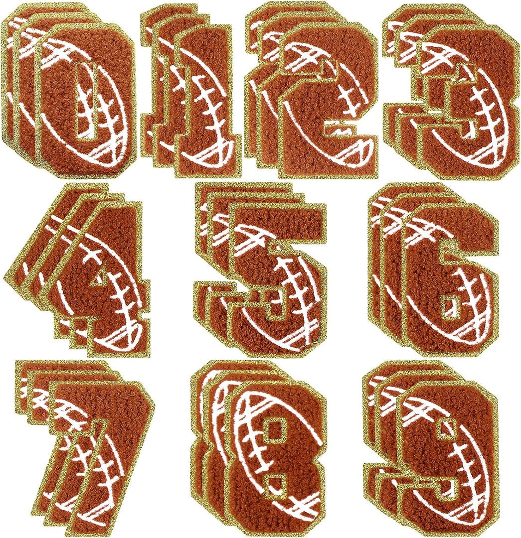 Hotop 30 Pcs Chenille Letter Patches Iron on Patches for Clothing Sports Patches Chenille Embroidered Applique for Bags Hat DIY Clothing Jackets Backpacks Repair (Brown,Football Number Style)