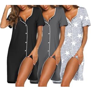 Ekouaer Nightgowns for Women 3 Pack Sleep Shirts Button Down Pajama Dress Short Sleeve Nightshirt Sleepwear Nightdress (Medium, Black/Grey/Light Grey Star)