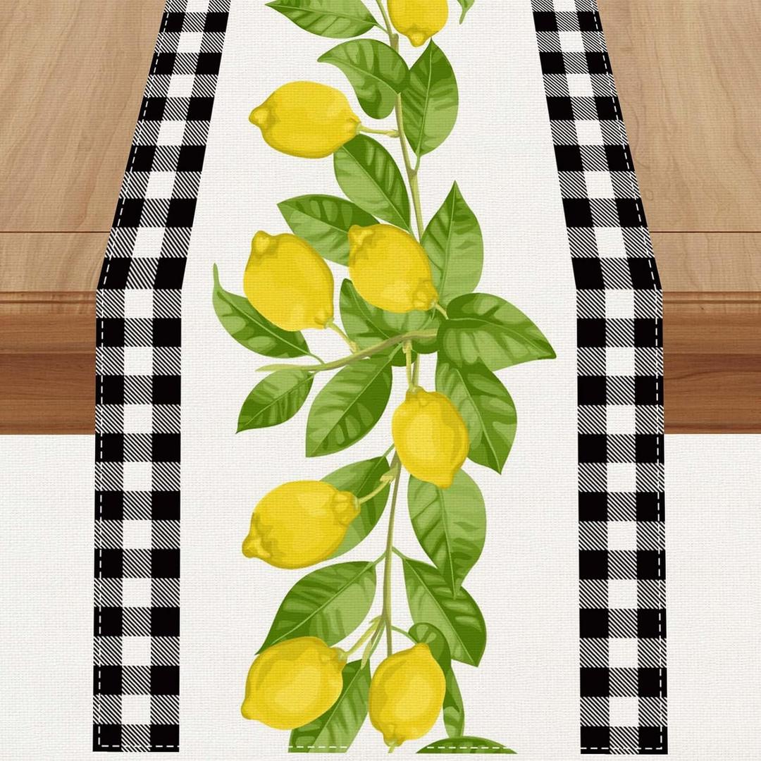 White and Black Buffalo Plaid Check Lemon Table Runner Farmhouse Style Spring Summer Home Kitchen Dinding Room Table Decorations 13x72 Inch
