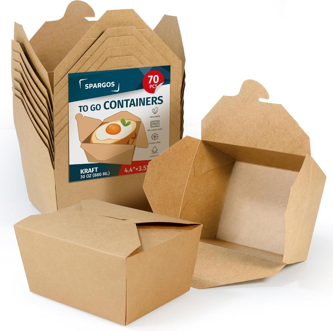 SPARGOS Chinese Takeout Storage Containers (70 Pack) 30oz - Kraft Brown Cardboard Paper Togo - Take Out Boxes - Biodegradable Eco To Go Food For Restaurants Catering Party