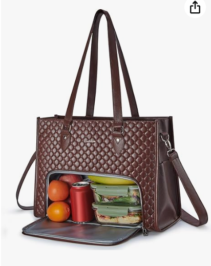 Laptop Tote Bag with Insulated Lunch Compartment for Women, PU Leather 15.6 Inch Work Bag, Elegant Computer Handbag, Versatile Business Tote for Office,Travel or Casual- Chocolate Brown