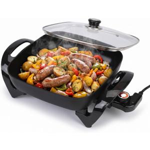 12" Ceramic Nonstick Electric Skillet with Tempered Vented Glass Lid, Scratch-Resistant Surface, Cool-Touch Handles, Removable Easy-to-Clean Design, 1200W, Sleek Black